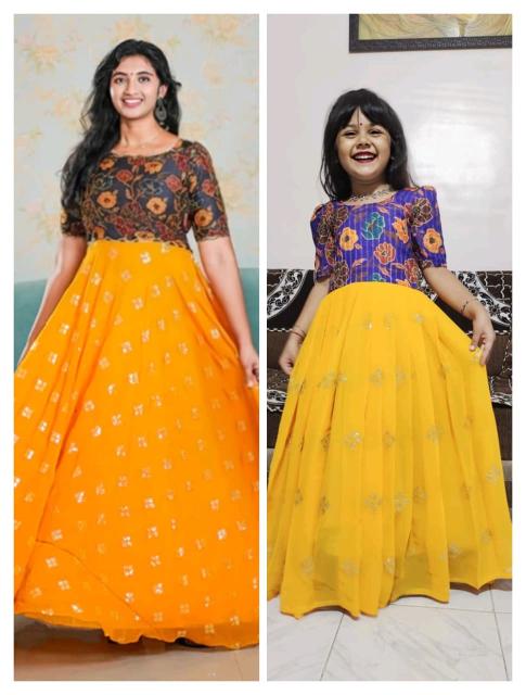 NEW LAUNCING mother daughter combo GOWN Georgette silk Yellow Cheap kids kurtis in pune